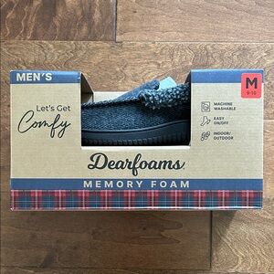 dearfoams Men's Black Knit Slip-On Slippers with Sherpa Collar